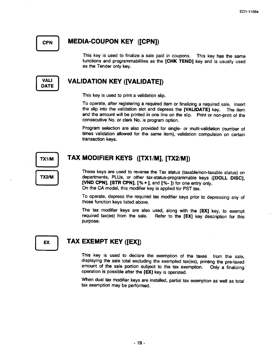 Media-coupon key ([cpn]), Validation key ([validate]), Tax modifier keys ([tx1/m], [tx2/m]) | Tax exempt key ([ex]) | Toshiba TEC MA-1300 User Manual | Page 23 / 98