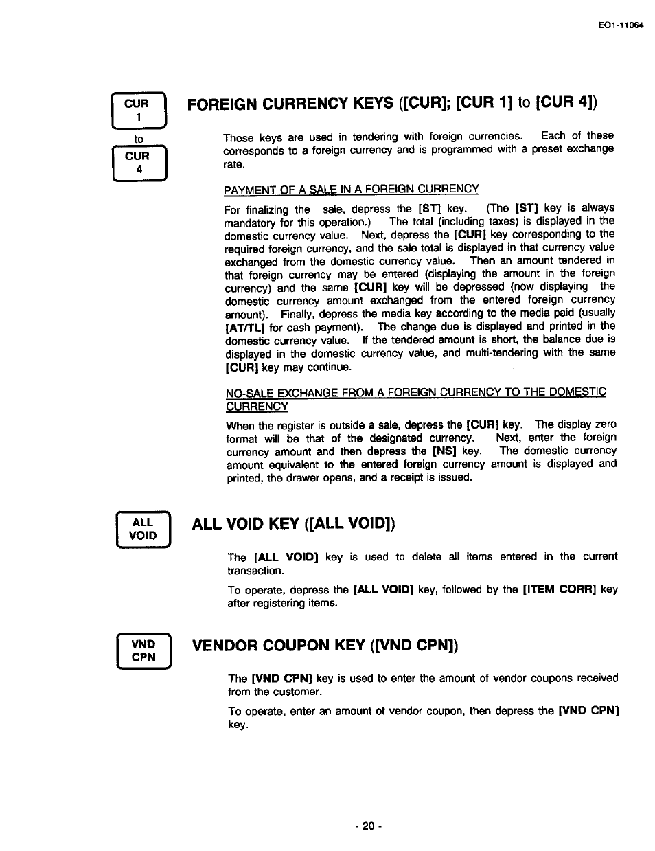 Foreign currency keys ([cur]; [cur 1] to [cur 4]), All void key ([all void]), Vendor coupon key ([vnd cpn]) | Toshiba TEC MA-1300 User Manual | Page 24 / 98