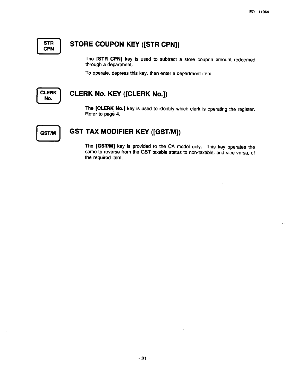 Store coupon key {[str cpn]), Clerk, Clerk no. key ([clerk no.]) | Gst/m, Gst tax modifier key ([gst/m]) | Toshiba TEC MA-1300 User Manual | Page 25 / 98