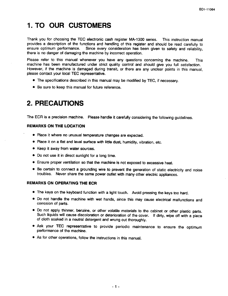 Remarks on the location, Remarks on operating the ecr, 1 . t o our customers | Precautions | Toshiba TEC MA-1300 User Manual | Page 5 / 98