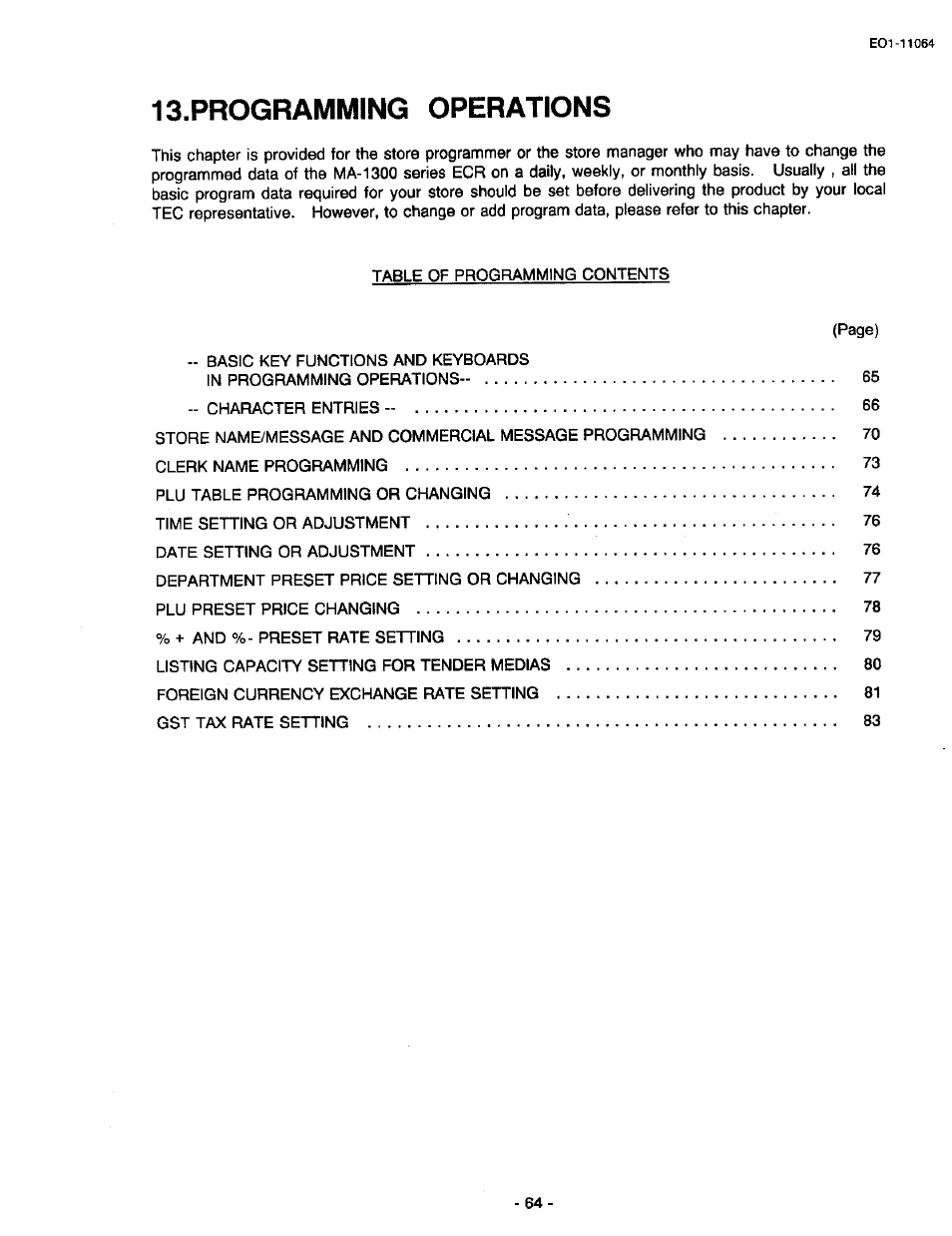 Programming operations | Toshiba TEC MA-1300 User Manual | Page 68 / 98