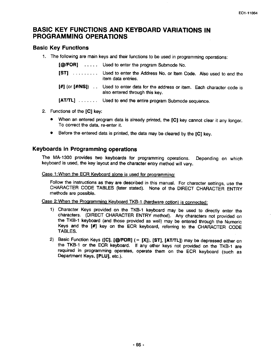 Basic key functions, Keyboards in programming operations, In programming operations | Toshiba TEC MA-1300 User Manual | Page 69 / 98
