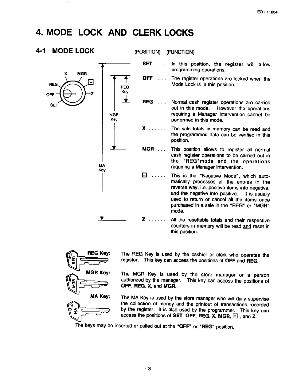 Mode lock and clerk locks, 4*1 mode lock, Position) (function) | Toshiba TEC MA-1300 User Manual | Page 7 / 98