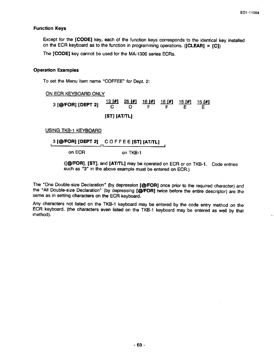 Function keys, Operation examples, 3 [©/for] [dept 2 | St] [at/tl, 3 [©/for] [dept 2] coffee [st] [at/tl | Toshiba TEC MA-1300 User Manual | Page 73 / 98