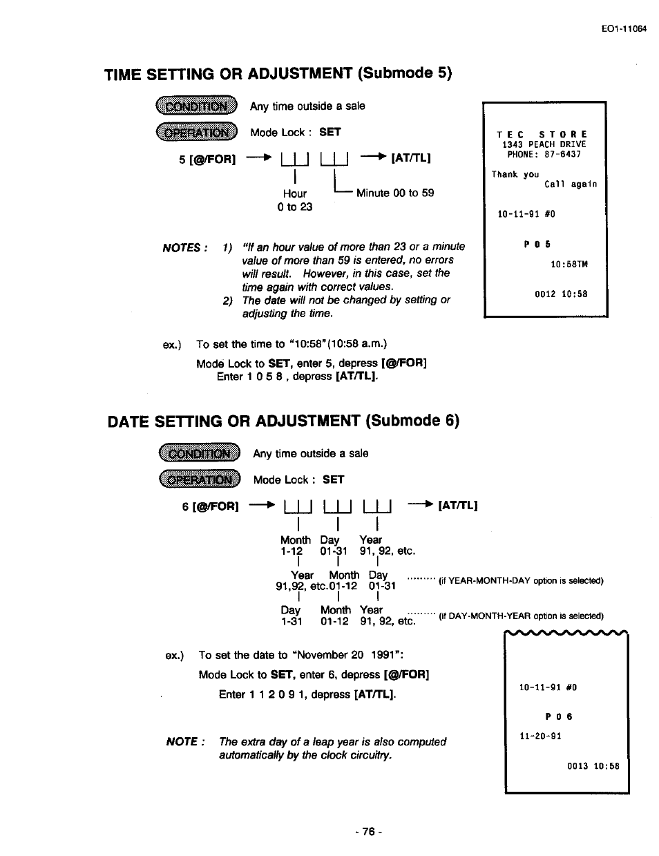 Time setting or adjustment (submode 5), Date setting or adjustment (submode 6), Time setting or adjustment | Date setting or adjustment, Forl —► ljj | Toshiba TEC MA-1300 User Manual | Page 80 / 98