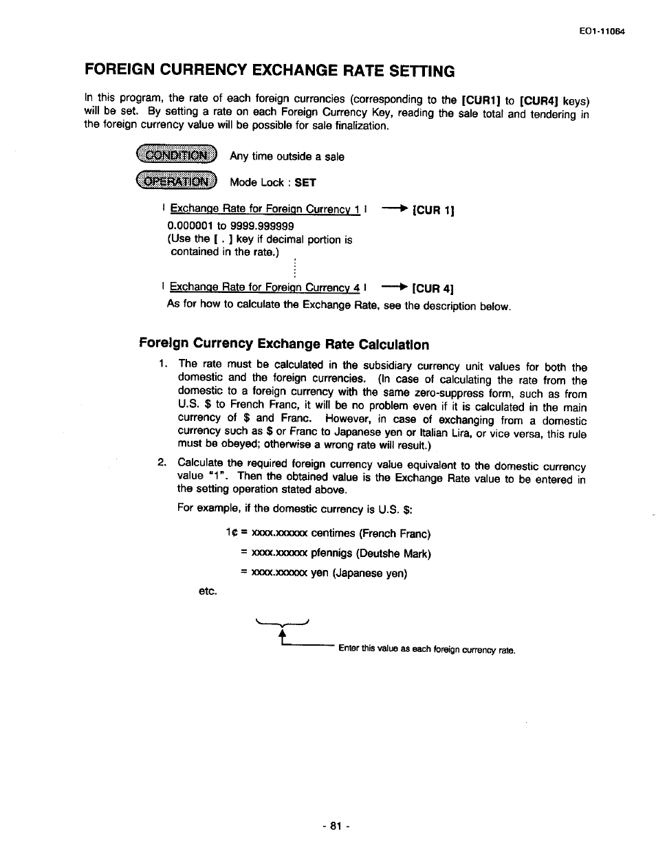 Foreign currency exchange rate calculation, Foreign currency exchange rate setting | Toshiba TEC MA-1300 User Manual | Page 85 / 98