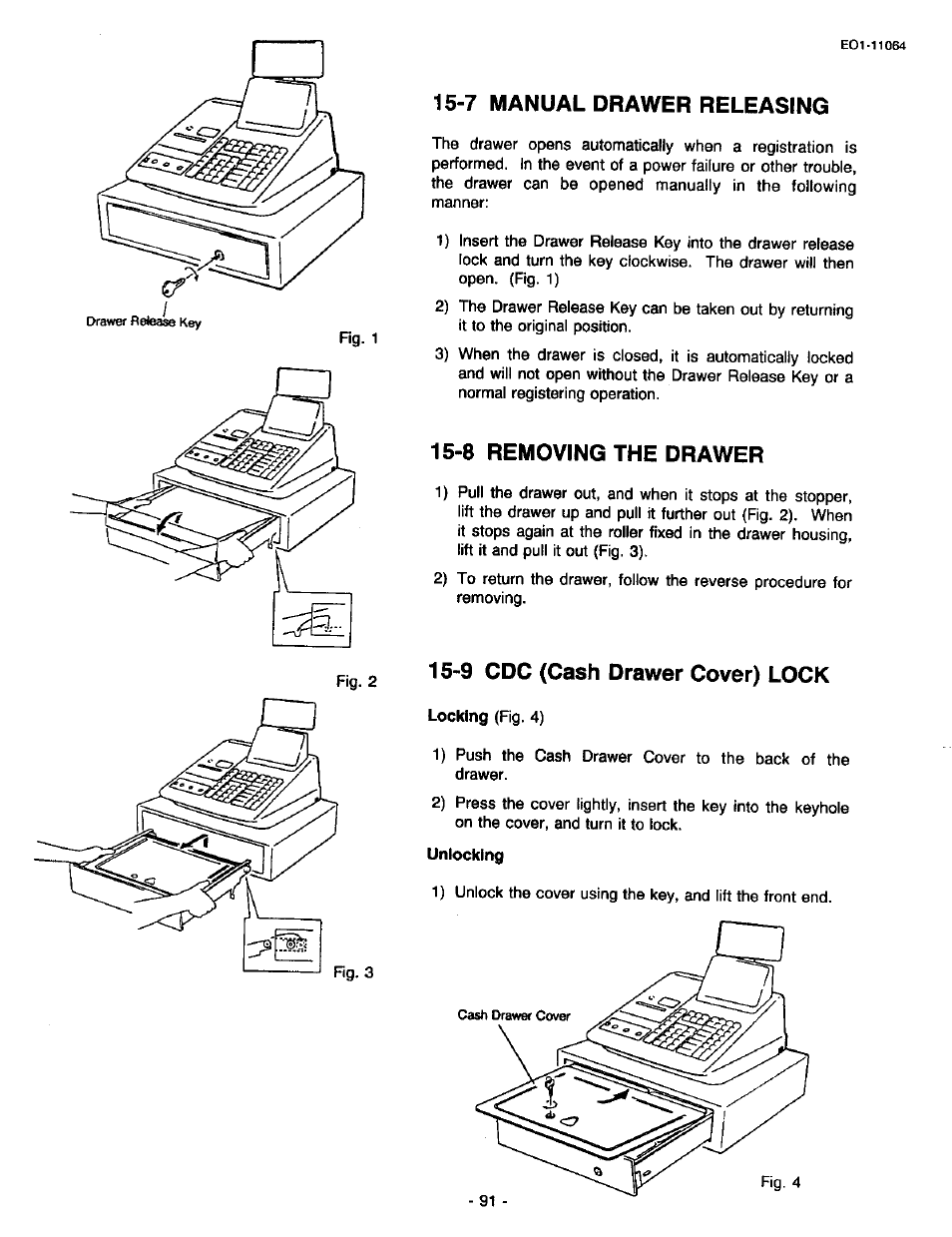 7 manual drawer releasing, 8 removing the drawer, 9 cdc (cash drawer cover) lock | Unlocking | Toshiba TEC MA-1300 User Manual | Page 95 / 98