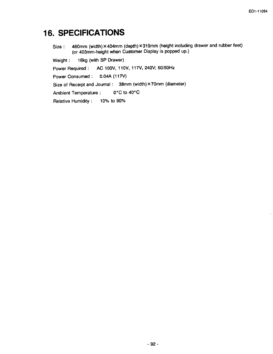 Specifications | Toshiba TEC MA-1300 User Manual | Page 96 / 98