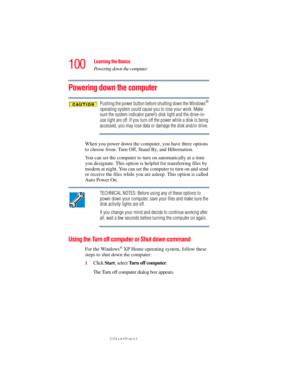 Powering down the computer, Using the turn off computer or shut down command, Using the turn off computer or shut down | Command | Toshiba SATELLITE M30X User Manual | Page 100 / 231