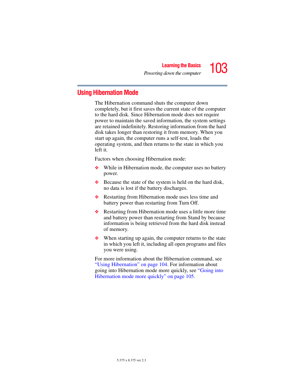 Using hibernation mode, Bernation, Using | Toshiba SATELLITE M30X User Manual | Page 103 / 231