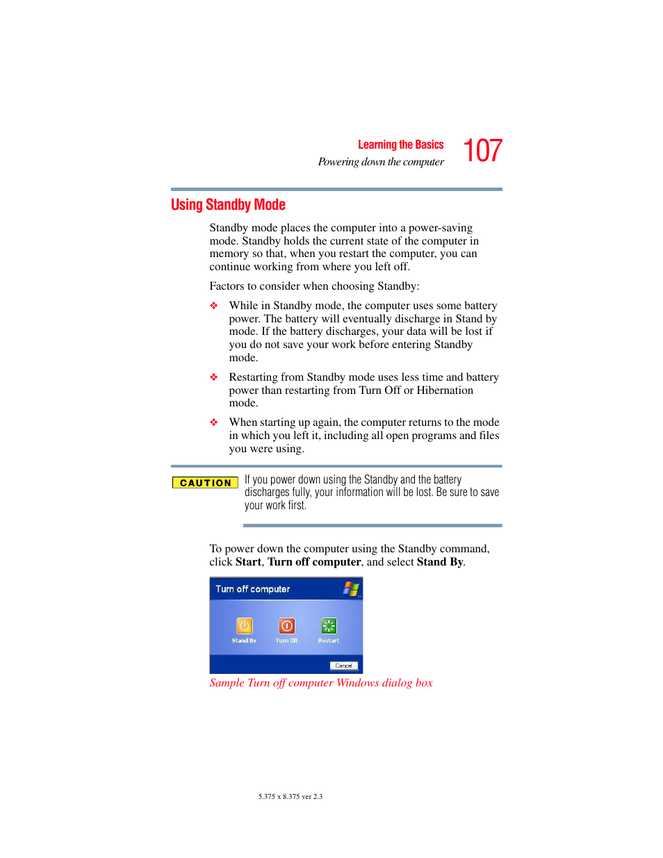 Using standby mode | Toshiba SATELLITE M30X User Manual | Page 107 / 231