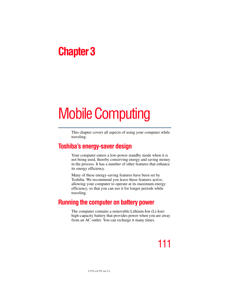 Chapter 3: mobile computing, Toshiba’s energy-saver design, Running the computer on battery power | Mobile computing, Chapter 3 | Toshiba SATELLITE M30X User Manual | Page 111 / 231