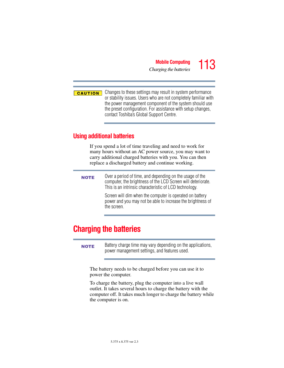 Using additional batteries, Charging the batteries | Toshiba SATELLITE M30X User Manual | Page 113 / 231