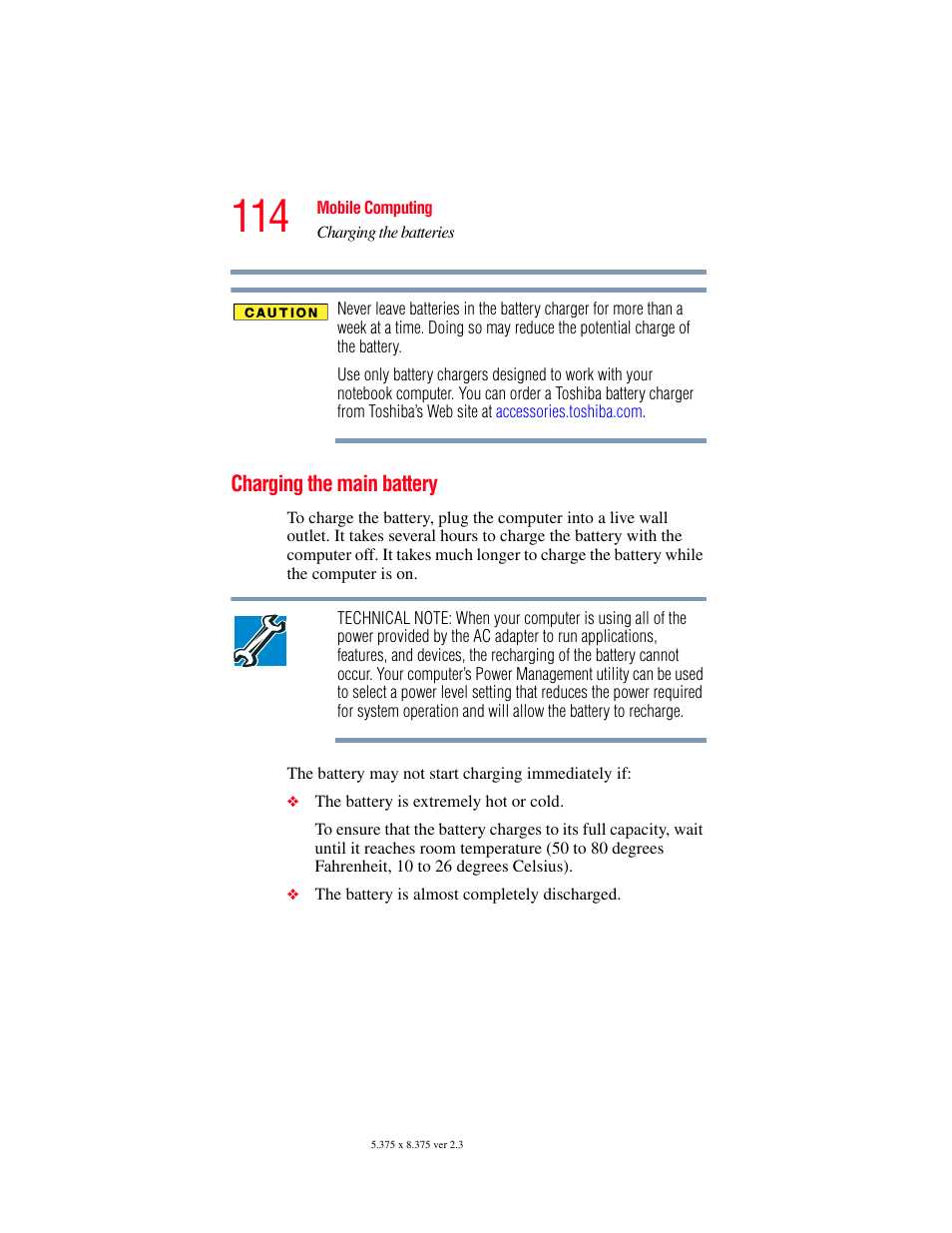 Charging the main battery | Toshiba SATELLITE M30X User Manual | Page 114 / 231