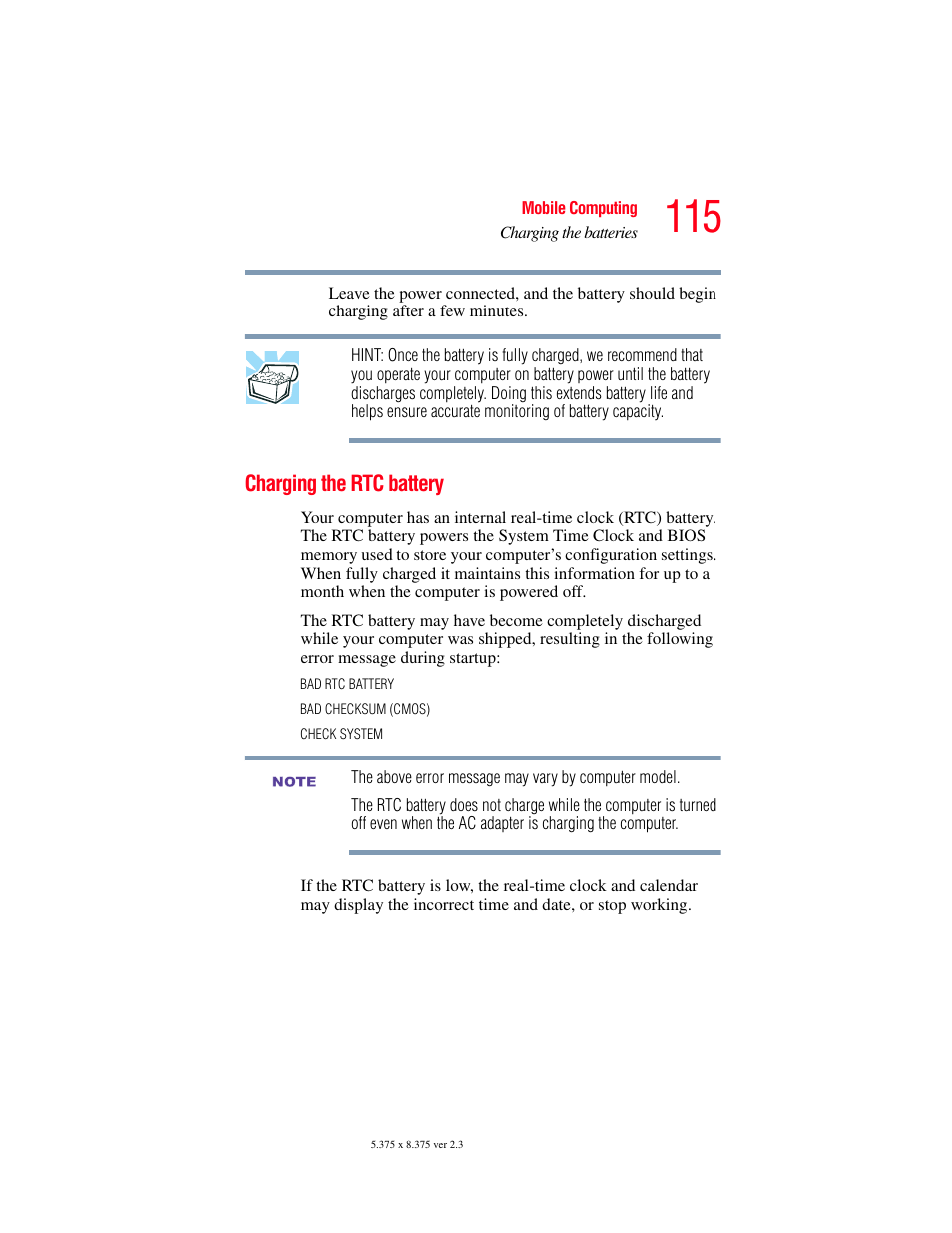 Charging the rtc battery | Toshiba SATELLITE M30X User Manual | Page 115 / 231