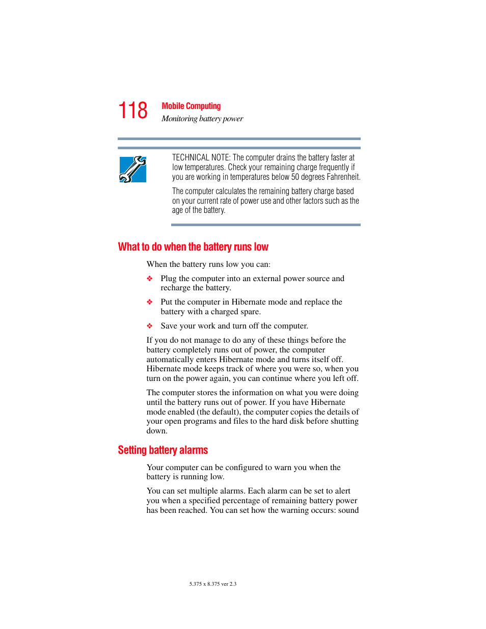 What to do when the battery runs low, Setting battery alarms | Toshiba SATELLITE M30X User Manual | Page 118 / 231