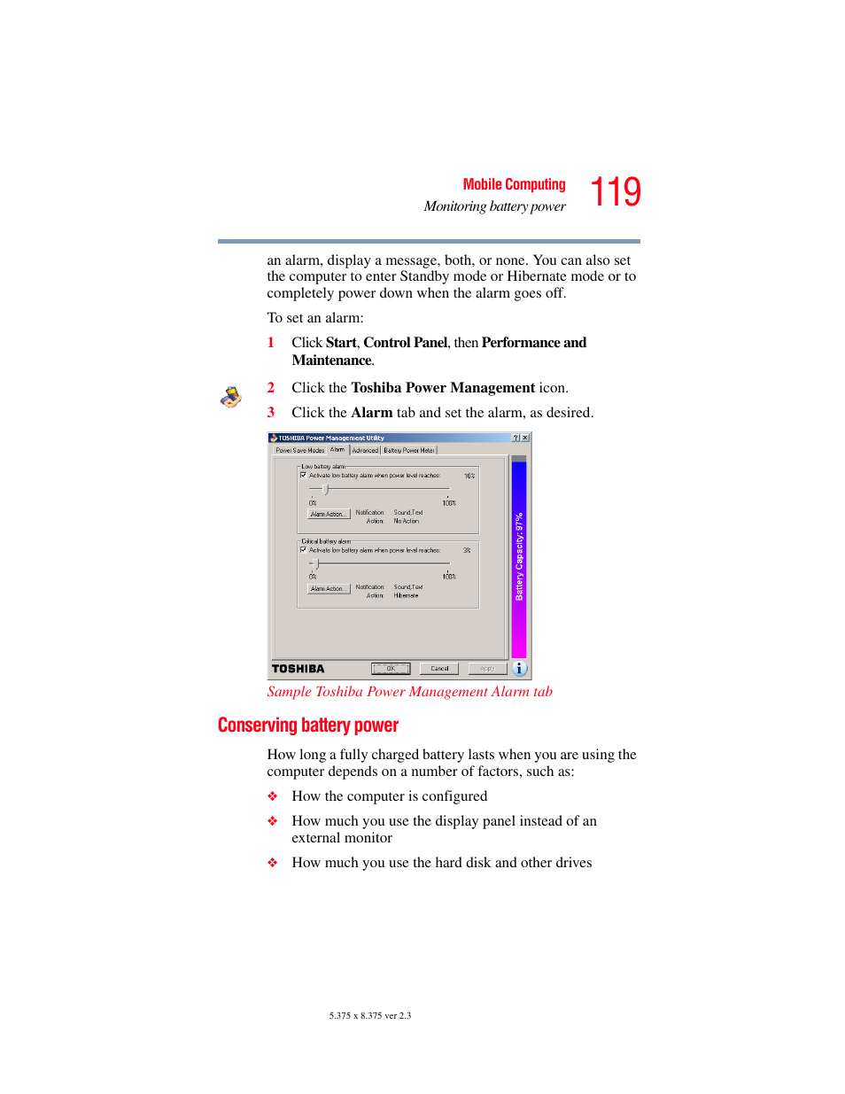 Conserving battery power | Toshiba SATELLITE M30X User Manual | Page 119 / 231