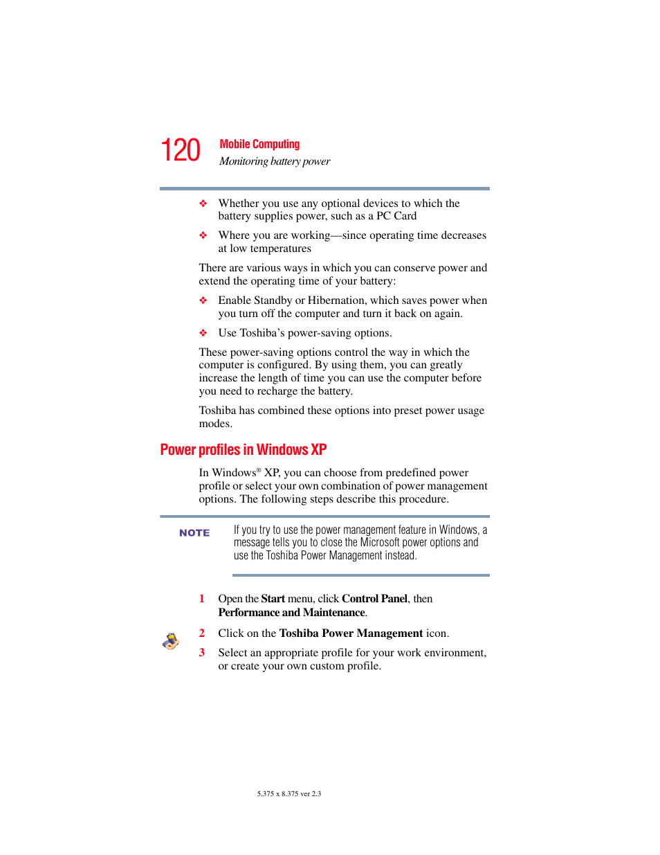 Power profiles in windows xp | Toshiba SATELLITE M30X User Manual | Page 120 / 231
