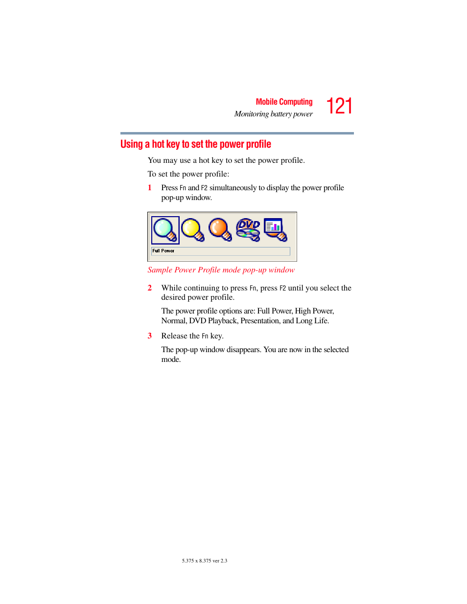 Using a hot key to set the power profile | Toshiba SATELLITE M30X User Manual | Page 121 / 231