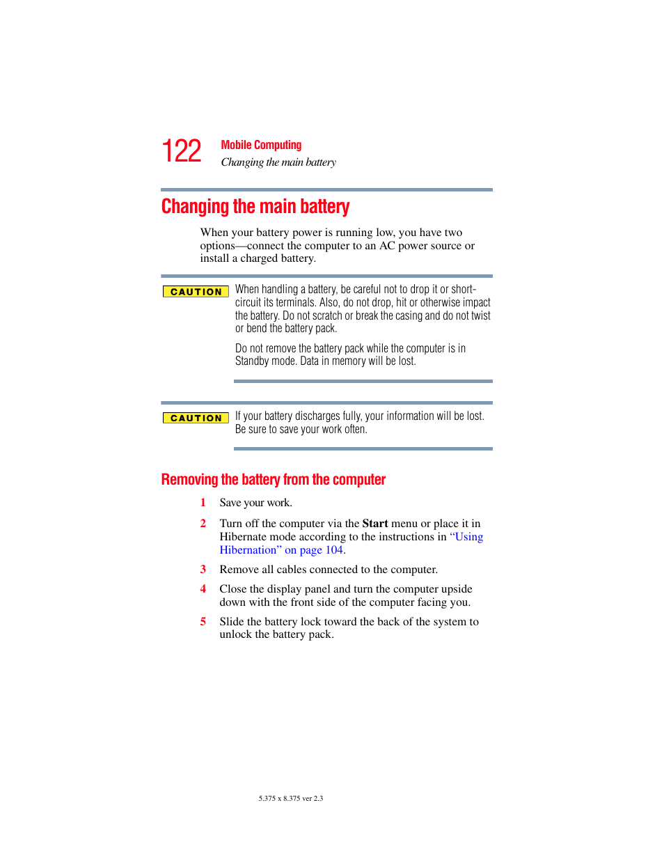 Changing the main battery, Removing the battery from the computer | Toshiba SATELLITE M30X User Manual | Page 122 / 231