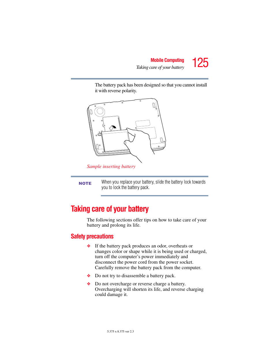 Taking care of your battery, Safety precautions | Toshiba SATELLITE M30X User Manual | Page 125 / 231