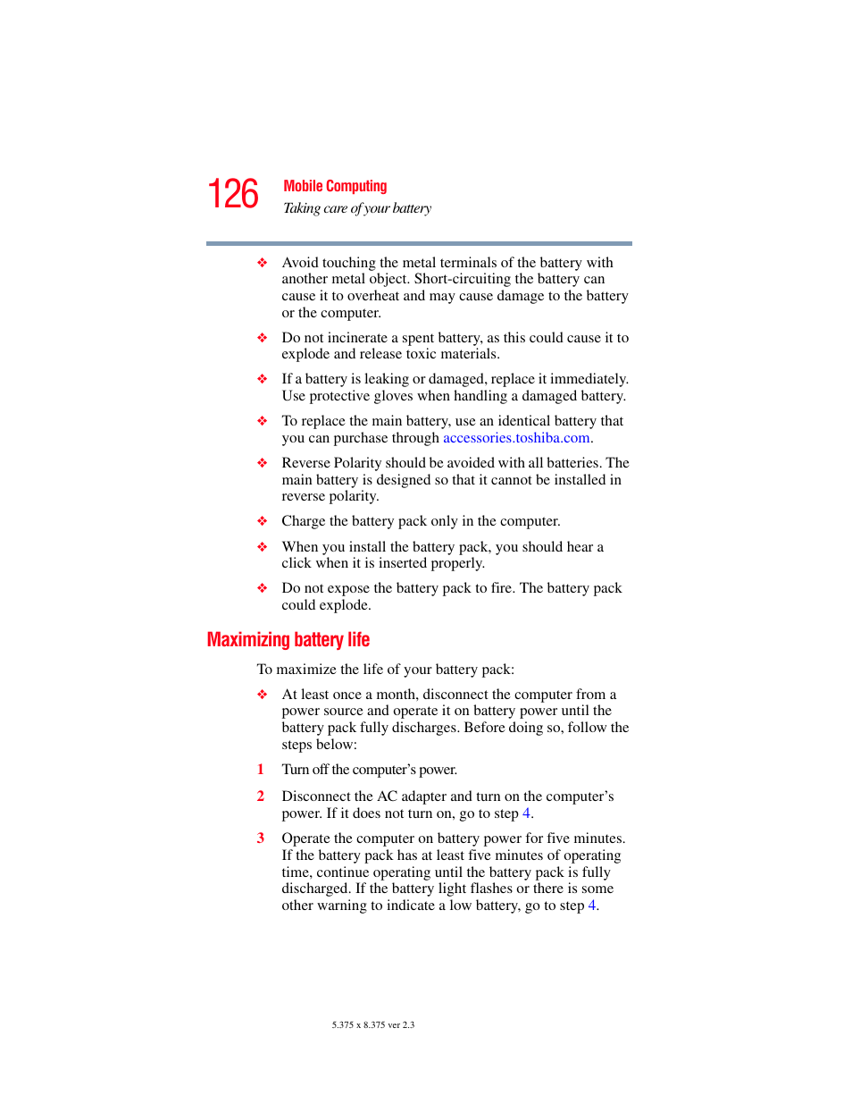 Maximizing battery life, Please see, Maximizing | Toshiba SATELLITE M30X User Manual | Page 126 / 231