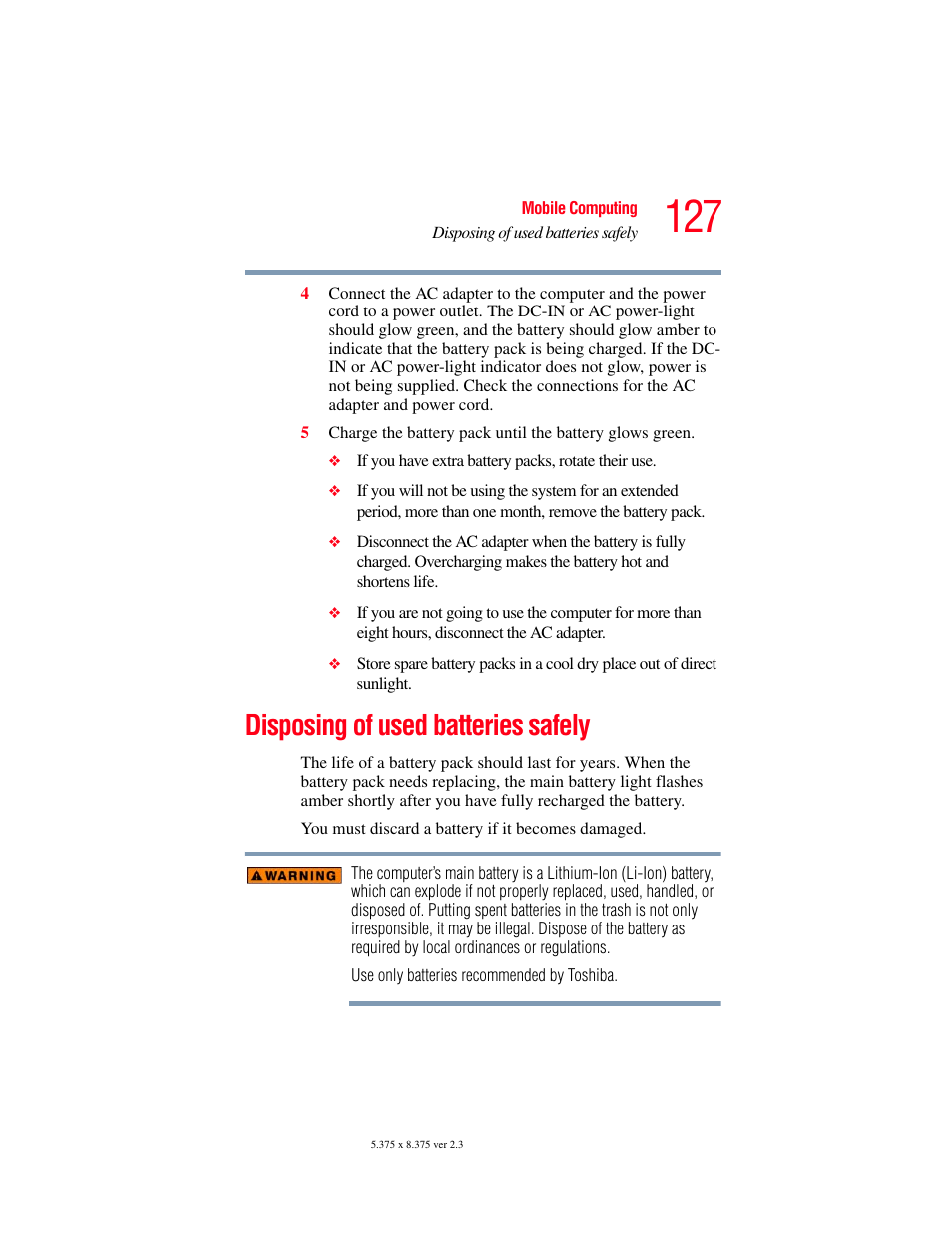 Disposing of used batteries safely | Toshiba SATELLITE M30X User Manual | Page 127 / 231