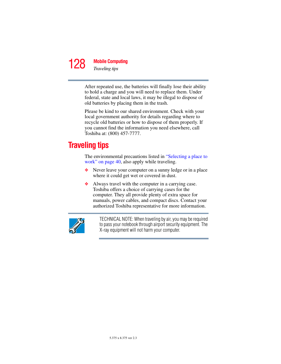 Traveling tips | Toshiba SATELLITE M30X User Manual | Page 128 / 231