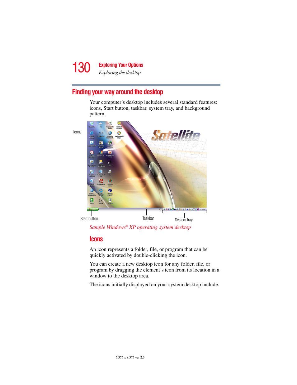 Finding your way around the desktop, Icons | Toshiba SATELLITE M30X User Manual | Page 130 / 231