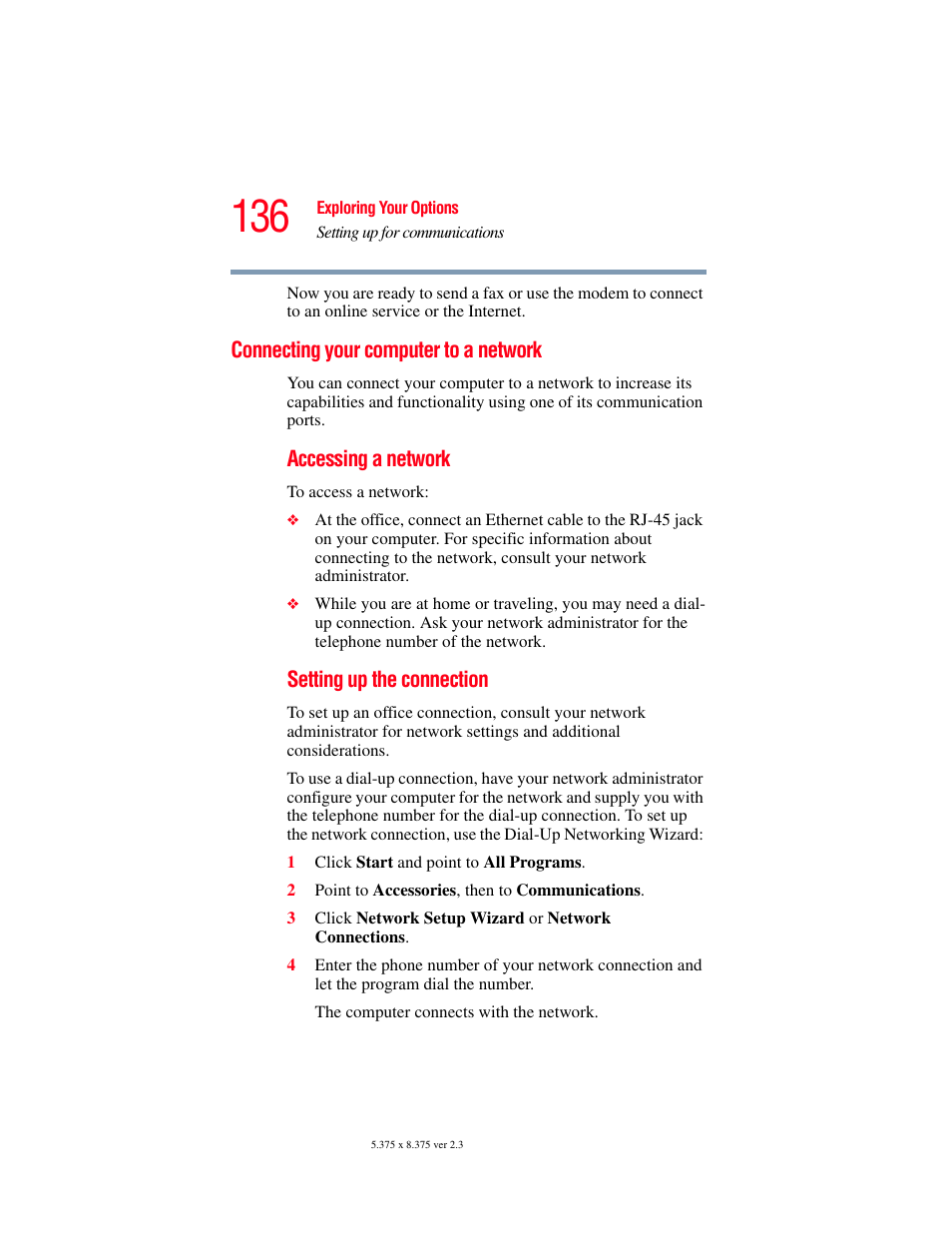 Connecting your computer to a network | Toshiba SATELLITE M30X User Manual | Page 136 / 231