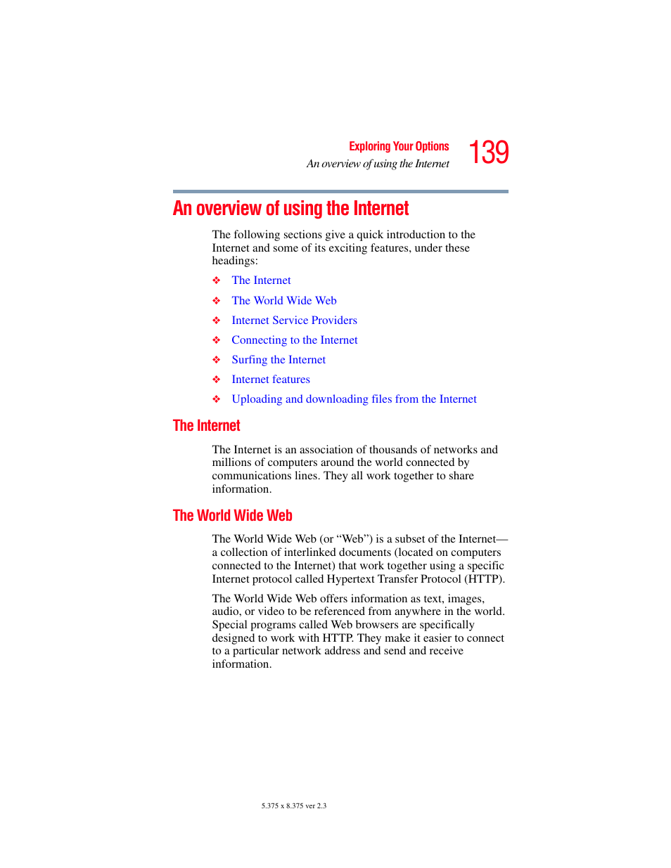 An overview of using the internet, The internet, The world wide web | The internet the world wide web | Toshiba SATELLITE M30X User Manual | Page 139 / 231