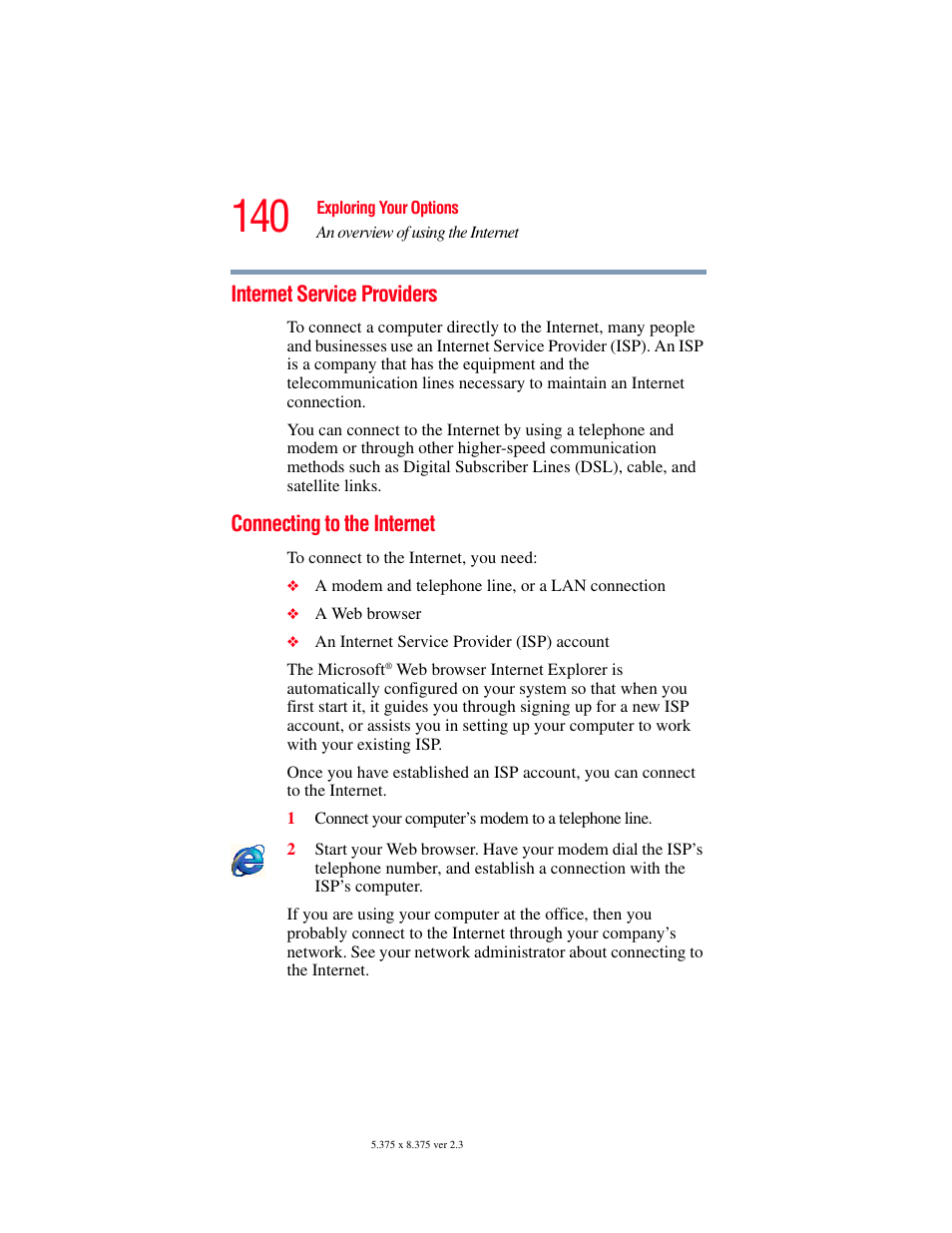 Internet service providers, Connecting to the internet | Toshiba SATELLITE M30X User Manual | Page 140 / 231