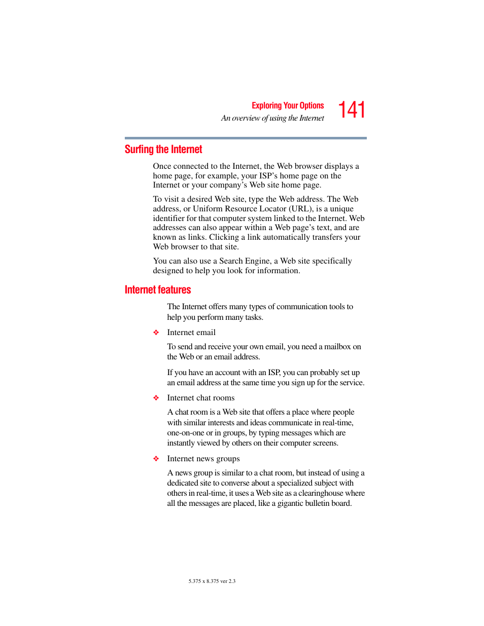 Surfing the internet, Internet features, Surfing the internet internet features | Toshiba SATELLITE M30X User Manual | Page 141 / 231