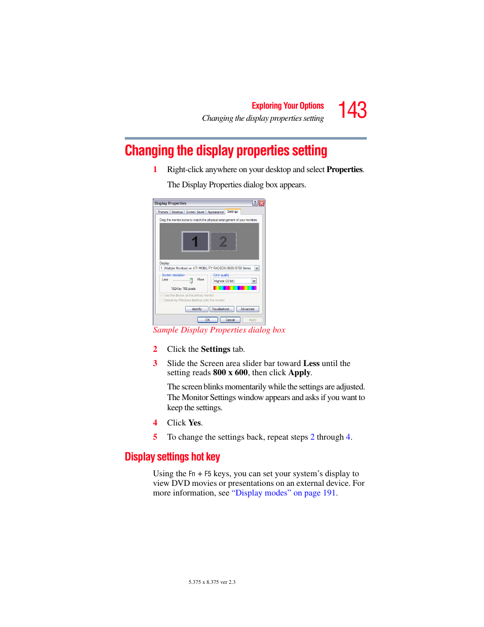 Changing the display properties setting, Display settings hot key | Toshiba SATELLITE M30X User Manual | Page 143 / 231