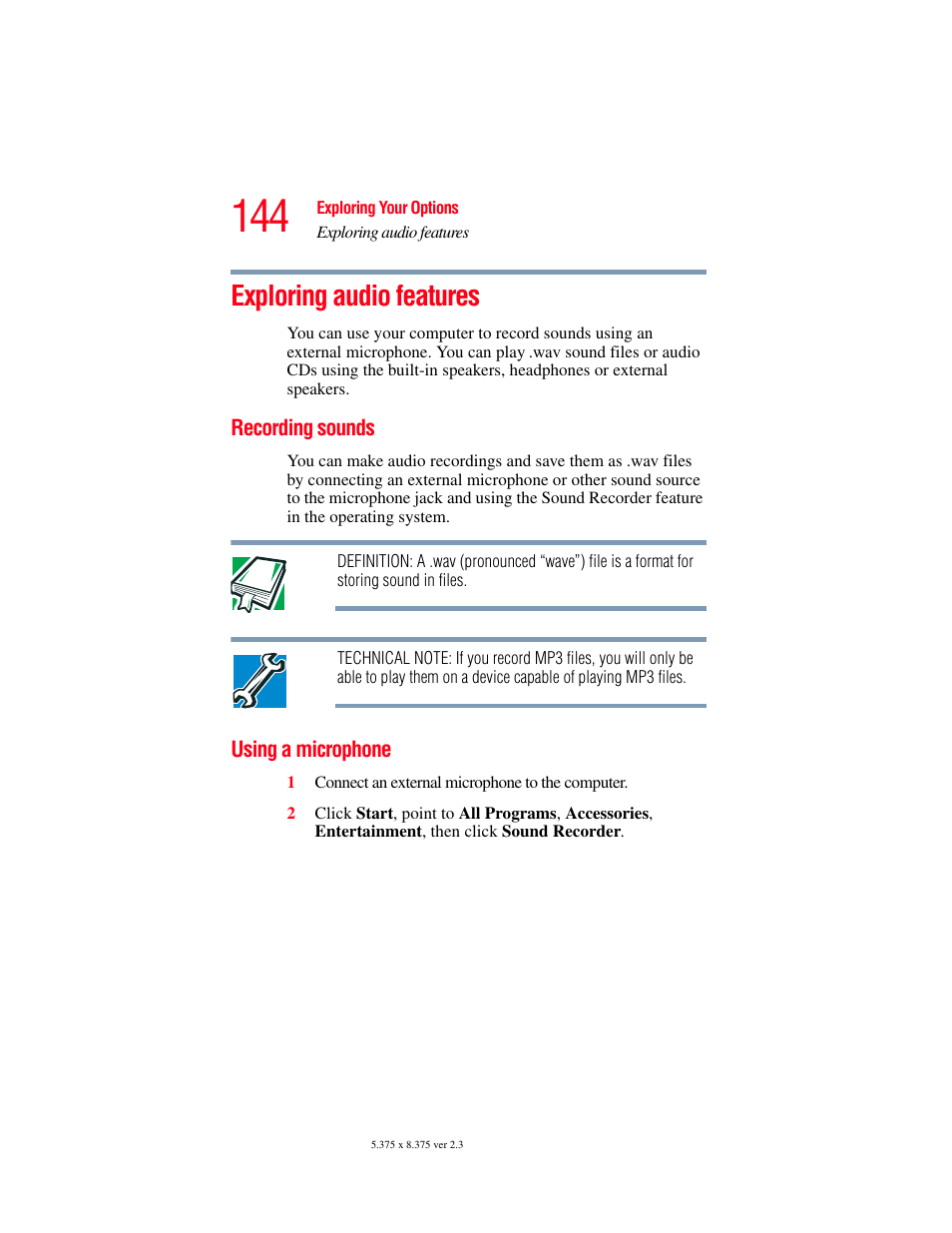 Exploring audio features, Recording sounds, Using a microphone | Recording sounds using a microphone | Toshiba SATELLITE M30X User Manual | Page 144 / 231