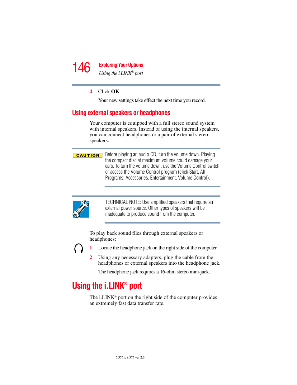 Using external speakers or headphones, Using the i.link® port, Using the i.link | Port | Toshiba SATELLITE M30X User Manual | Page 146 / 231