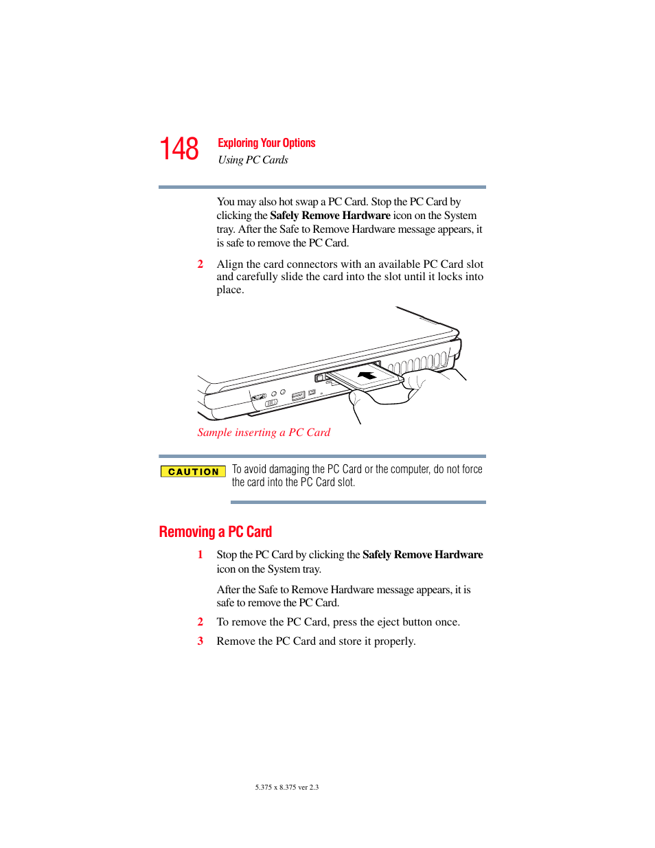 Removing a pc card | Toshiba SATELLITE M30X User Manual | Page 148 / 231