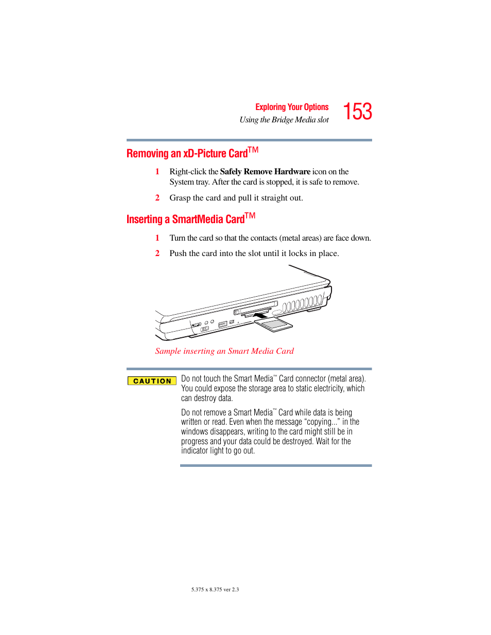 Removing an xd-picture card, Inserting a smartmedia card | Toshiba SATELLITE M30X User Manual | Page 153 / 231