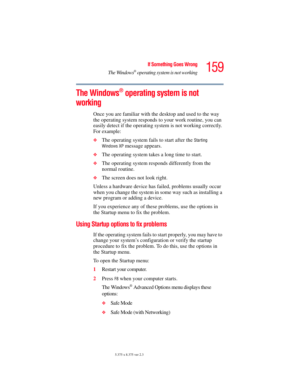 The windows® operating system is not working, Using startup options to fix problems, The windows | Operating system is not working | Toshiba SATELLITE M30X User Manual | Page 159 / 231