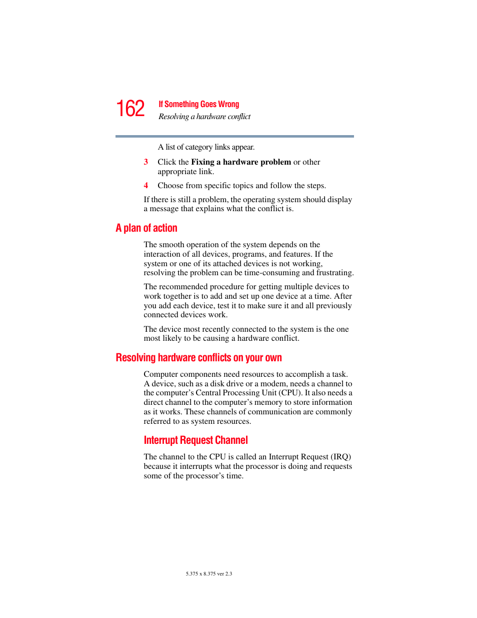 A plan of action, Resolving hardware conflicts on your own | Toshiba SATELLITE M30X User Manual | Page 162 / 231