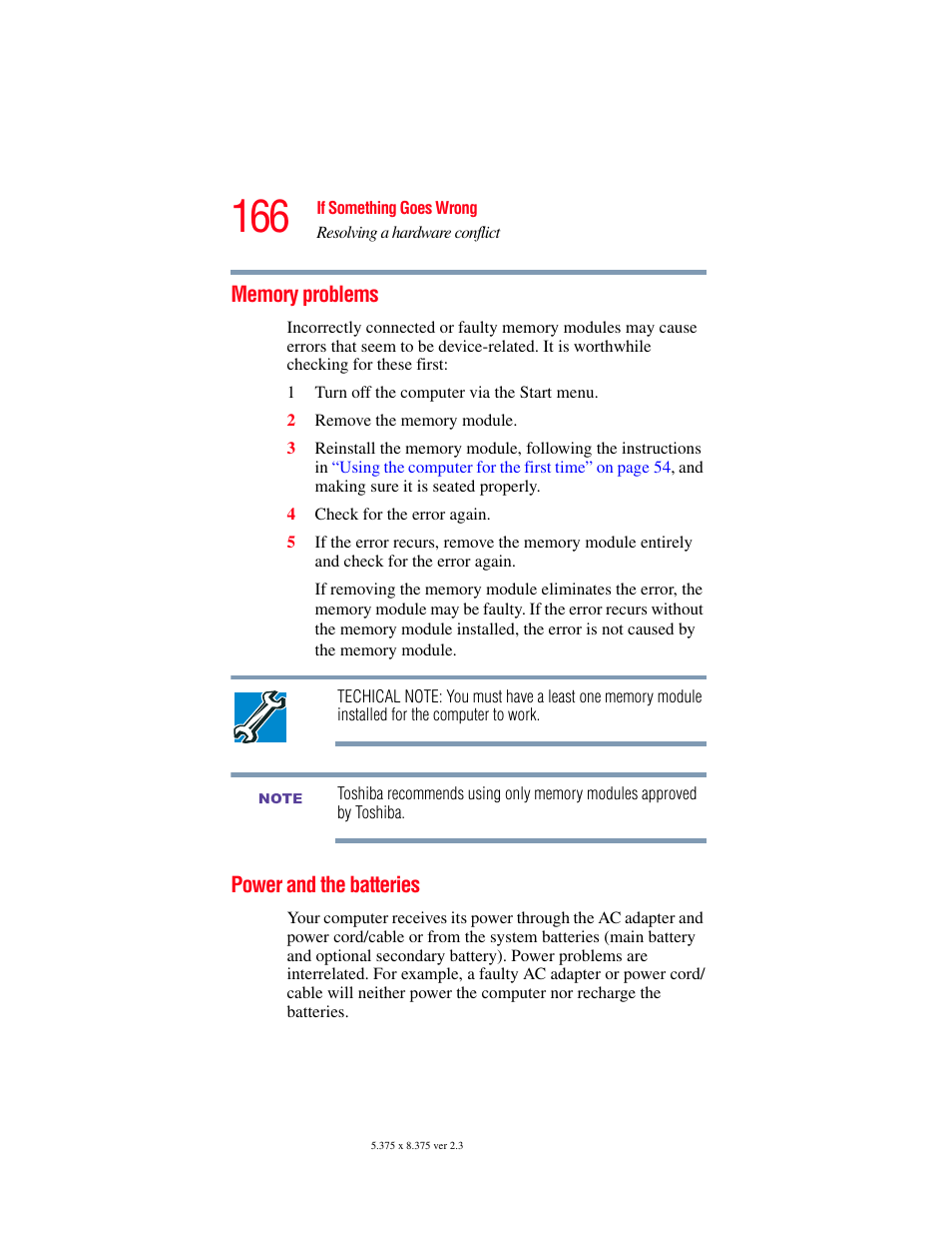 Memory problems, Power and the batteries, Memory problems power and the batteries | Toshiba SATELLITE M30X User Manual | Page 166 / 231