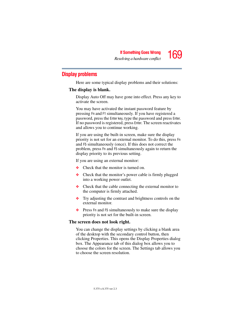 Display problems | Toshiba SATELLITE M30X User Manual | Page 169 / 231