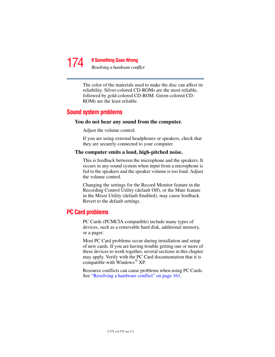 Sound system problems, Pc card problems, Sound system problems pc card problems | Toshiba SATELLITE M30X User Manual | Page 174 / 231