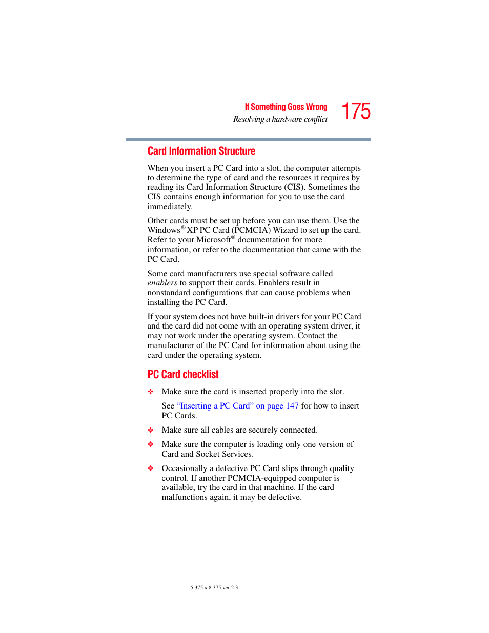 Card information structure, Pc card checklist | Toshiba SATELLITE M30X User Manual | Page 175 / 231