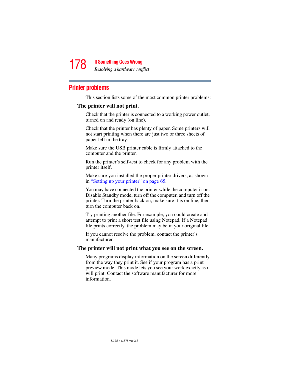 Printer problems | Toshiba SATELLITE M30X User Manual | Page 178 / 231