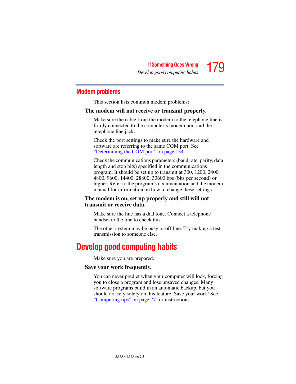 Modem problems, Develop good computing habits | Toshiba SATELLITE M30X User Manual | Page 179 / 231