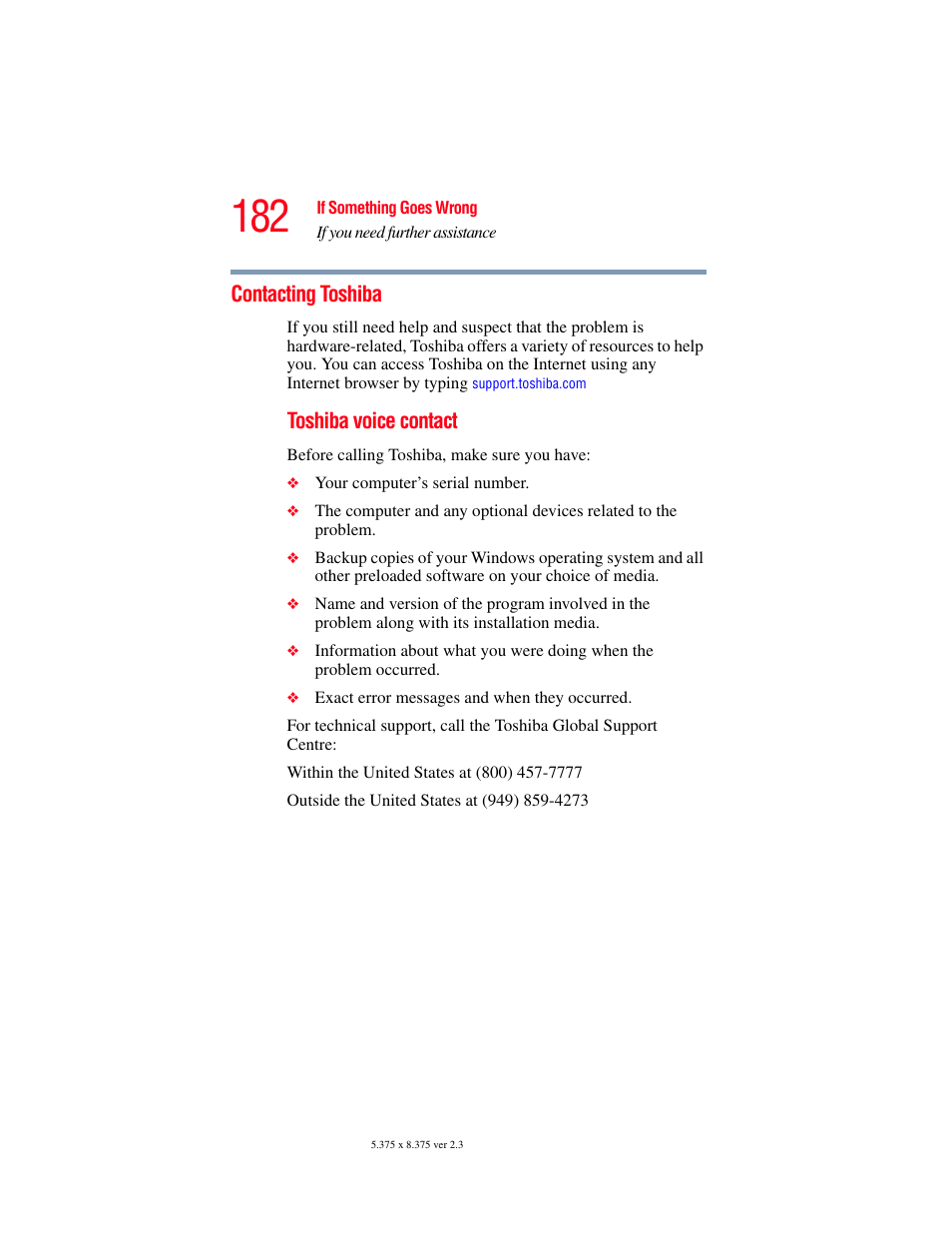 Contacting toshiba, Toshiba voice contact | Toshiba SATELLITE M30X User Manual | Page 182 / 231