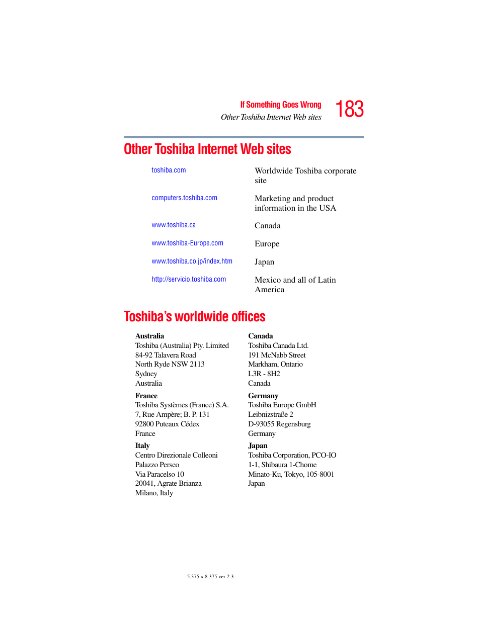 Other toshiba internet web sites, Toshiba’s worldwide offices | Toshiba SATELLITE M30X User Manual | Page 183 / 231