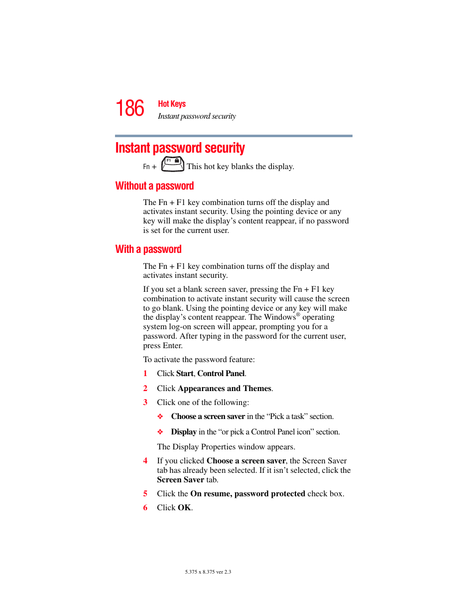 Instant password security, Without a password, With a password | Without a password with a password | Toshiba SATELLITE M30X User Manual | Page 186 / 231