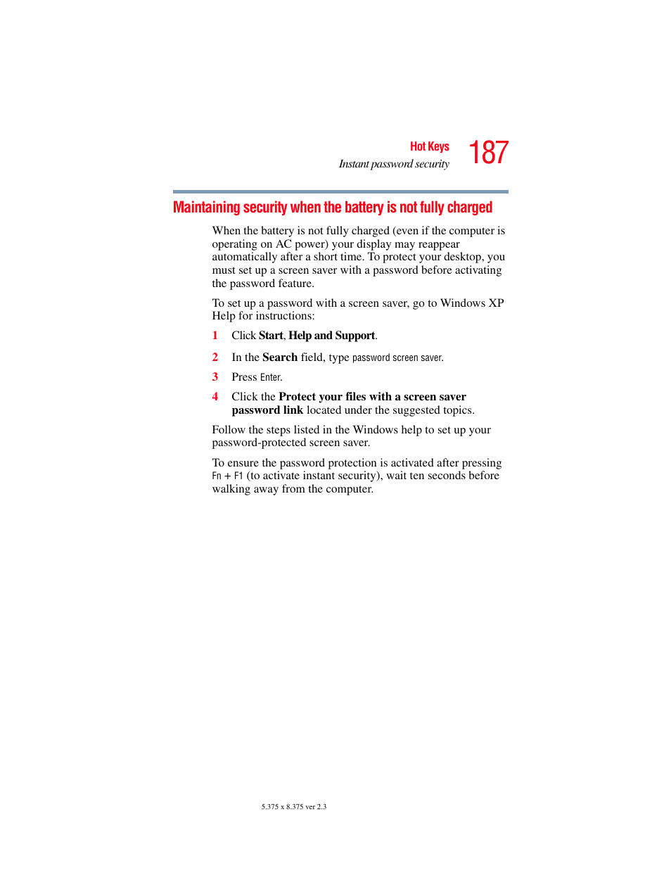 Maintaining security when the battery is, Not fully charged | Toshiba SATELLITE M30X User Manual | Page 187 / 231